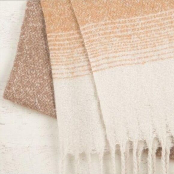 NWT AYNIL Large Ombre Cozy Fringe Blanket Scarf in Beige Brown Cream Ivory - Picture 3 of 8